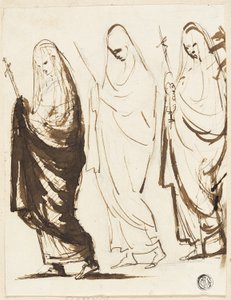 Procession de Trois Femmes Drapées Tenant des Croix ou des Sceptres
