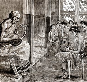 Une école dans la Grèce antique : le maître apprend aux élèves à jouer de la lyre - George Roux