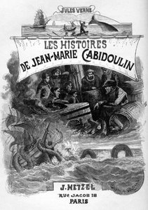 Frontispice du roman de Jules Verne « Les histoires de Jean-Marie Cabidoulin » (1901), Collection Hetzel/Extraordinaires, illustration de George Roux. Evocation de scènes maritimes : harponnage d