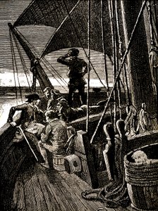 Jim Hawkins entend une conversation révélant la mutinerie des pirates