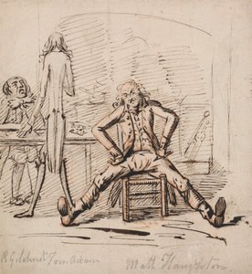 Trois hommes dans une pièce : Gilchrist assis à une table, Tom Adam debout, vu de dos, et Matt Haughton assis jambes écartées et bras akimbo devant un feu - George Shepheard
