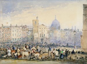 Vue du marché de Smithfield avec des figures et des animaux, City de Londres