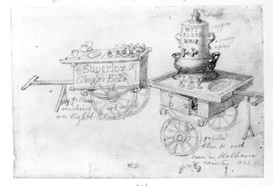 Stands de bière au gingembre et de vin chaud de sureau à Holborn, 1842