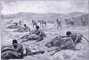 Un cosaque et son cheval : un dispositif pour se couvrir pendant une escarmouche, illustration de Cassells History of the Russo-Japanese War Vol 1, vers 1900 - George Soper