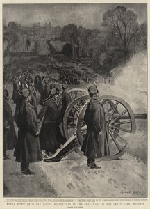 Artillerie royale à cheval tirant des coups de canon minute dans la Long Walk dans le Grand Parc, Windsor