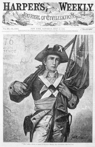 Soldat minuteman ou continental de 76 tenant un drapeau et un mousquet, couverture de 