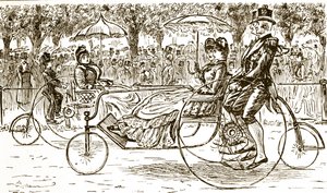 Une gravure représentant des passagers dans des carrioles à vélo. Illustré par George du Maurier (1834-1896) un caricaturiste et auteur franco-britannique - George du Maurier