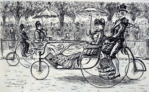 Une gravure représentant des passagers dans des carrioles à vélo. Illustré par George du Maurier (1834-1896) un caricaturiste et auteur franco-britannique - George du Maurier