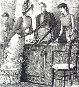 Caricature commentant les conditions de travail des employés de magasin - George du Maurier