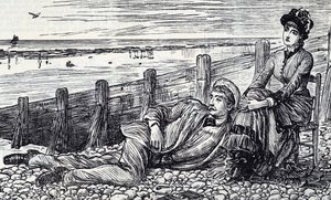 Caricature représentant un couple profitant de leur lune de miel sur une plage de galets