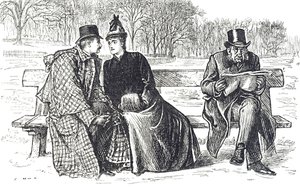Caricature représentant un couple échangeant des mots tendres sur un banc de parc, tandis que l