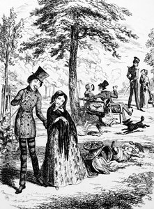 Dessin représentant une domestique marchant avec son amant par George du Maurier (1834-1896) un caricaturiste et auteur franco-britannique - George du Maurier