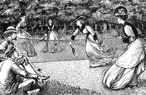 Dessin animé représentant un jeu de tennis sur gazon - George du Maurier