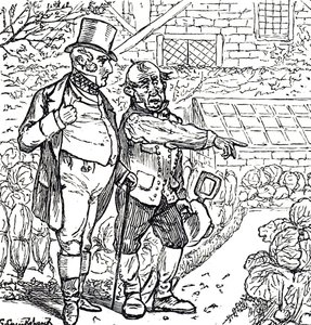Caricature représentant un gentleman avec le jardinier dans le potager - George du Maurier