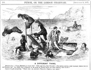 Dessin humoristique représentant des vacanciers profitant de vacances au bord de la mer en France