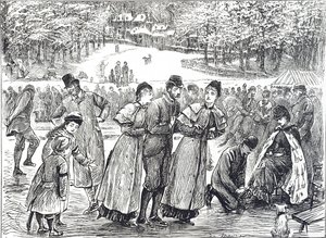Caricature représentant des patineurs patinant sur un lac gelé