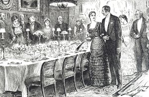 Dessin animé intitulé "Aller dîner" représentant un jeune couple entrant dans une salle à manger - George du Maurier