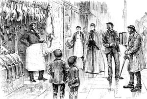 Gravure représentant un boucher et un volailler photographiés devant son étal de Noël par George du Maurier. George du Maurier (1834-1896) un caricaturiste et auteur franco-britannique. Daté du XIXe siècle - George du Maurier