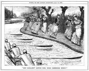 Le patin à roulettes très à la mode. Étudiantes de Girton sur le chemin de halage saluant les rameurs sur la rivière. Dessin de George du Maurier de Punch, Londres