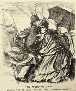 Le voyage de noces : Couple en lune de miel souffrant du mal de mer en traversant la Manche. Caricature de George du Maurier dans "Punch", Londres