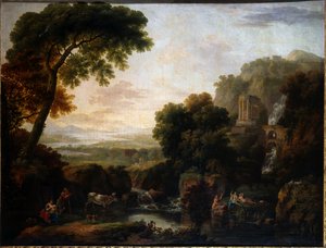 Paysage italianisant avec une vue capricieuse de Tivoli, un berger et une bergère et du bétail