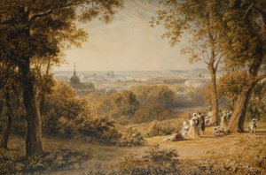 Vue de Versailles avec des figures élégantes au premier plan au coucher du soleil