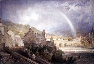 Village et pont de Llangollen, nord du Pays de Galles, avec effet arc-en-ciel