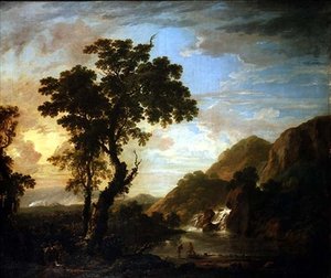 Paysage fluvial boisé avec figures au premier plan et cascade au-delà
