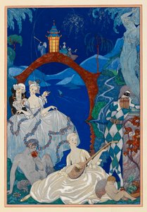 Clair de lune. Une belle femme jouant de la mandoline. Un faune assis à côté d