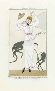 Conception pour Robe Blanche avec Garniture Rose et Ceinture en Crochet, de Costumes Parisien, pub.1912 - Georges Barbier
