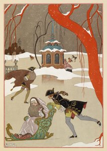 En patinant. Des gens patinant sur glace. Une femme assise dans un traîneau.