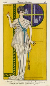 Grande robe du soir en tulle et satin. Écharpe de velours à glands de perles. Costumes Parisiens no.37