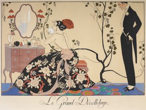 Le grand décolletage. Une femme assise à sa coiffeuse, admirée par un homme