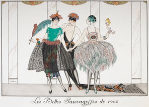Les Belles Sauvagettes de 1920. Trois femmes en ligne portant des robes exotiques. - Georges Barbier
