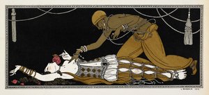 Nijinsky en esclave doré dans Shéhérazade, une suite symphonique composée par Nikolaï Rimski-Korsakov en 1888. Shéhérazade est ici sur son lit de mort, l