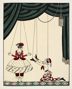 Scène de Petrouchka, un ballet avec musique du compositeur russe Stravinsky. Deux marionnettes sur scène, tenues par des fils. Le garçon est à genoux tendant la main vers la fille. Ils sont tous deux vêtus de tenues assorties rouges et blanches