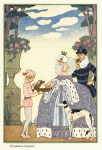 La reine Elizabeth se lave les mains dans un bol tenu par son page. 1928 - Georges Barbier