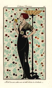 Femme en robe de soirée en satin noir et tulle, bordée de brillants - Georges Barbier