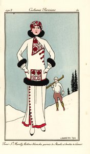 Femme en tenue pour St. Moritz en frise blanche garnie de mouffettes et brodée de laine - Georges Barbier