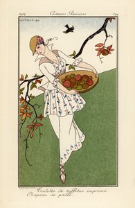 Femme en chapeau de paille et robe en taffetas imprimé - Georges Barbier