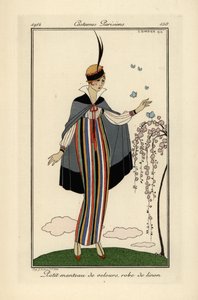 Femme en robe de lin rayée avec une courte veste en velours - Georges Barbier