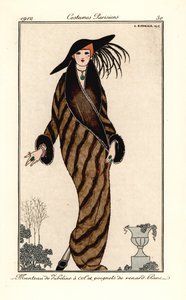 Femme en manteau de zibeline avec col et poignets en fourrure de renard blanc - Georges Barbier