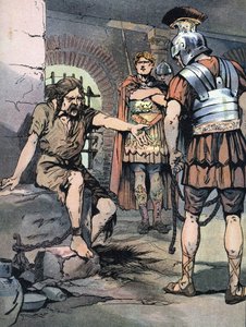 Guerre des Gaules : « Le guerrier gaulois Vercingétorix prisonnier dans les armes romaines de Jules César dans les prisons du Tullianum, 46 av. J.-C. » Illustration par - Georges Conrad
