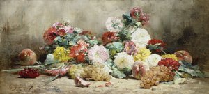 Œillets, roses, raisins et pêches - Georges Jeannin