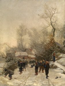 Village avec enfants dans la neige