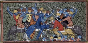 Charles Martel battant Eudo et les Sarrasins, Grandes chroniques de France, Royal 16 G.VI, f.117v, vers 1332-1350 (22727638241) - Georgia Levan Ramishvili from Tbilisi