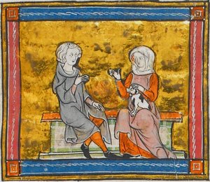 Lancelot en conversation avec une dame qui tient un petit chien noir et blanc, tiré de Morte Artu, vers 1315-1325 (41067329535)