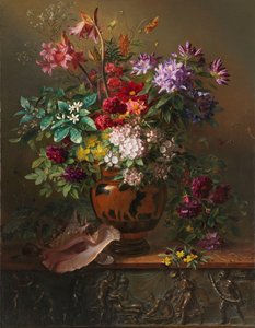 Nature morte avec des fleurs dans un vase grec : allégorie du printemps