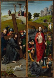 Le Christ portant la Croix, avec la Crucifixion, La Résurrection, avec les Pèlerins - Gerard David
