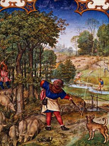 Mois de novembre, Récolte de glands et chasse au lièvre, miniature du Bréviaire Grimani, avec miniature par Gerard Horenbout, Alexander et Simon Bening, cod Lat I, 99 f 11v, Pays-Bas